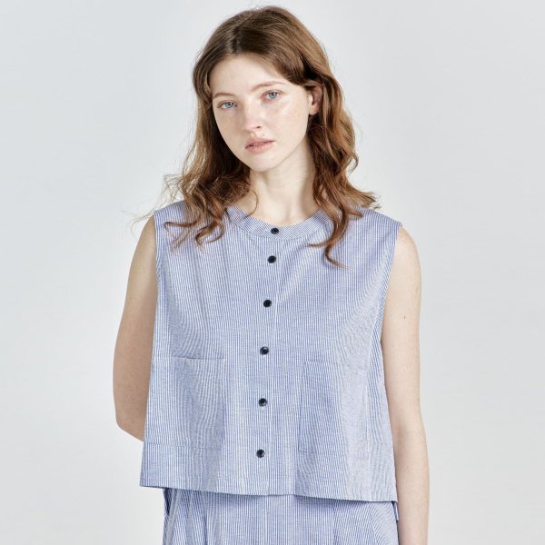 画像1: [PINETA]ジャケット ショート丈ベスト　コットン/リネン　ストライプ/3月中旬配送 (1)